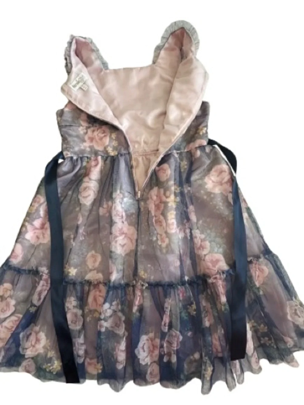 Kensie Girl Size 12 Pink Floral on Navy Tiered Ruffle Formal Dress Fully Lined